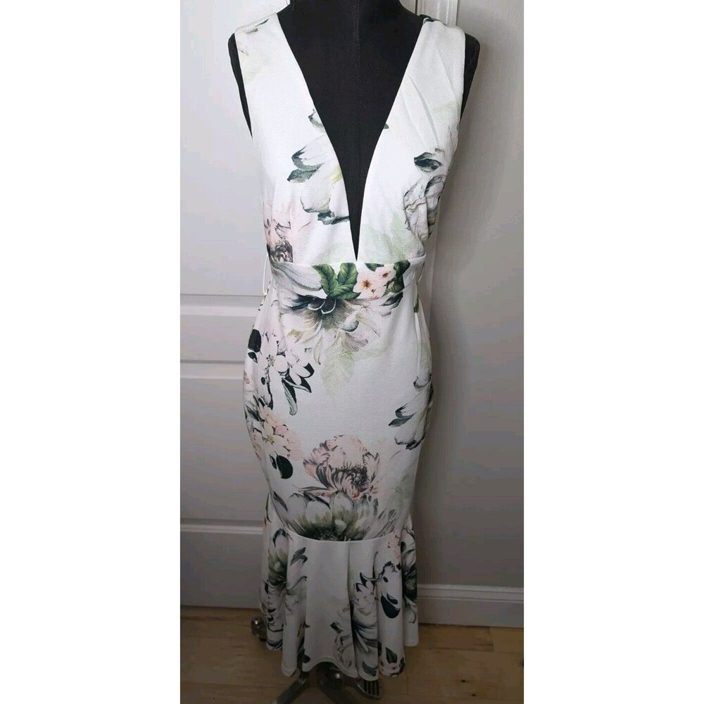 NWT L'Atiste By Amy Floral Low Deep V-Neck Dress w/ Ruffle White Size Medium New